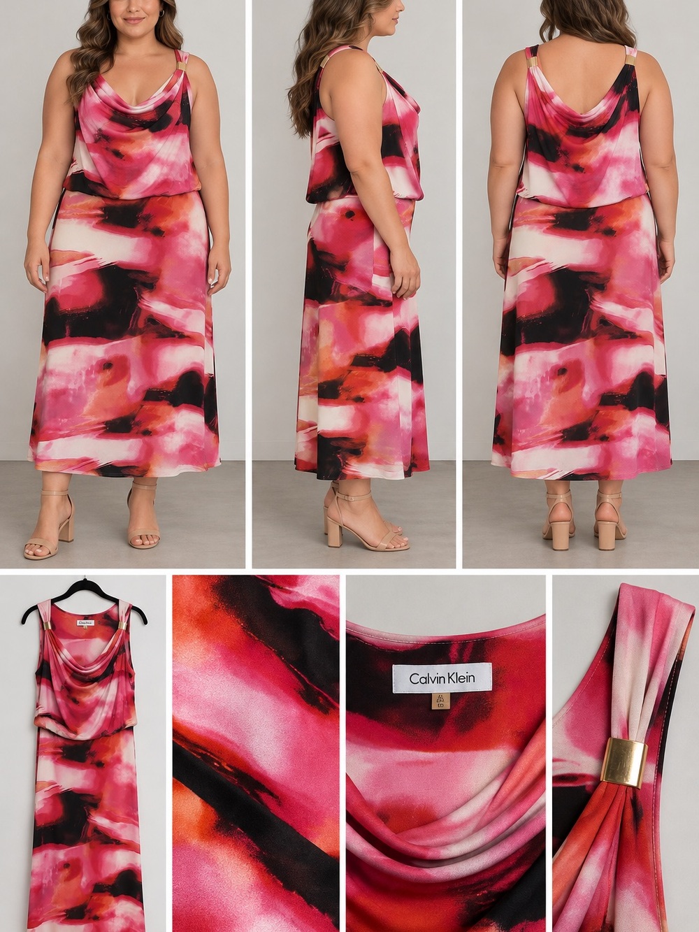 Calvin Klein Pink Multi-Color Cowl Neck Maxi Skirt Dress